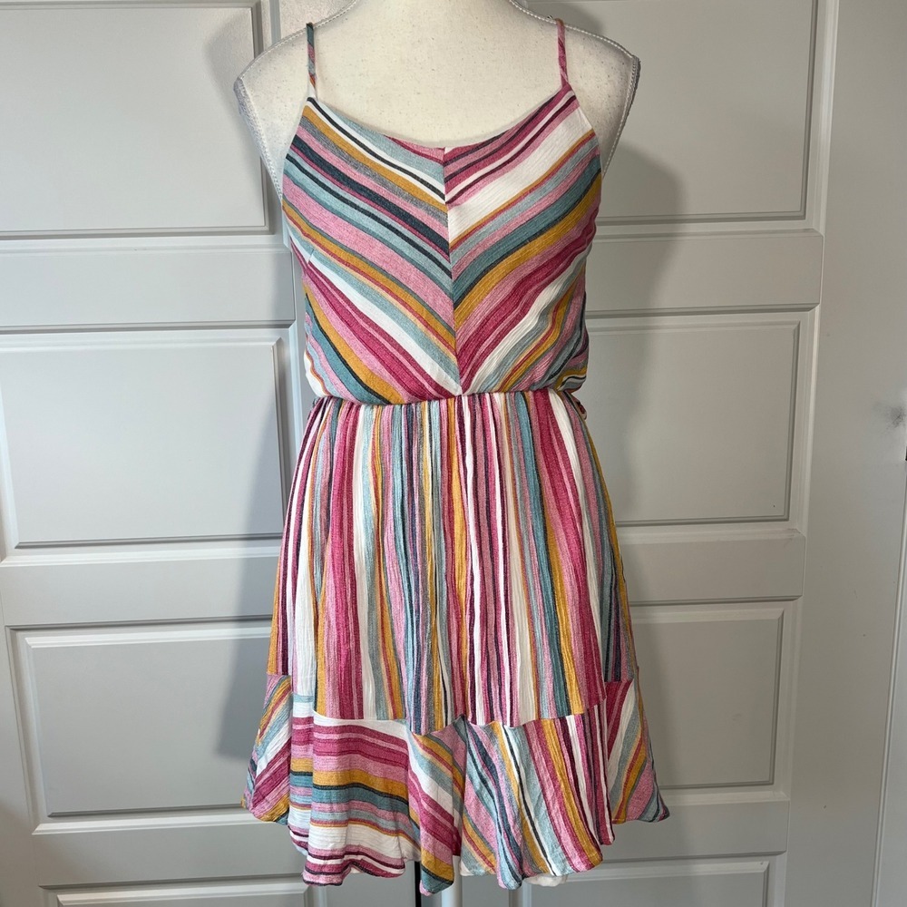 HYFVE Striped Mini Dress Sleeveless Tiered Ruffle Hem Summer Casual Size S